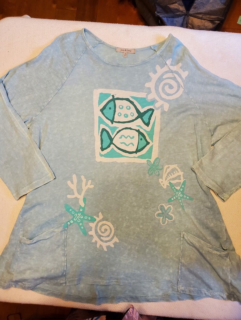 Jess & Jane Womens 1X Sea Life Print 3/4 Sleeve Top Pocket Tunic Boho USA Made